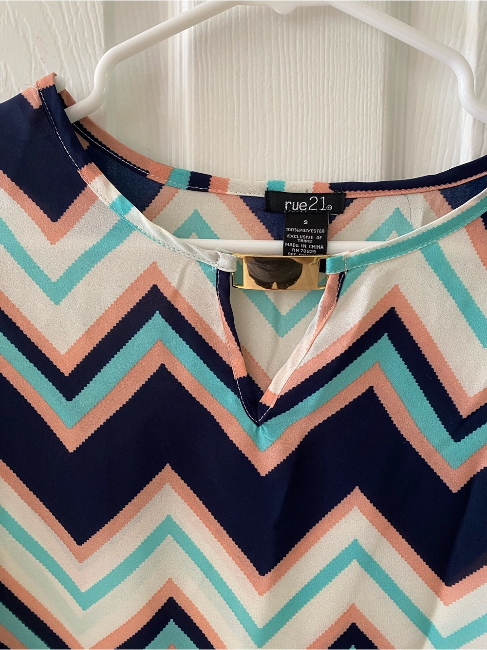 rue21 Navy Chevron Keyhole Blouse with Teal & Peach Stripes